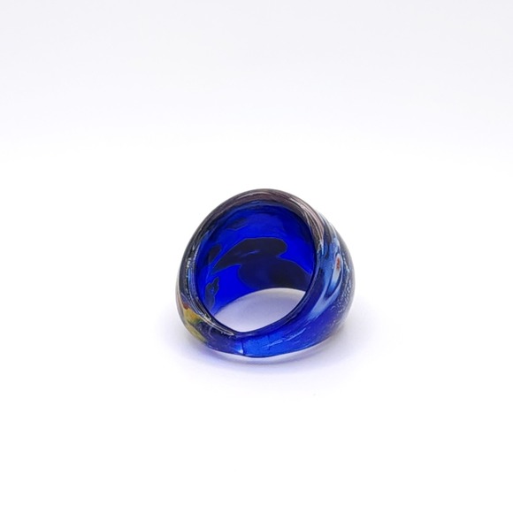Murano Style Hand Blown Glass Ring Women's Blue Art Floral Design Boho Size 6 - Picture 11 of 14